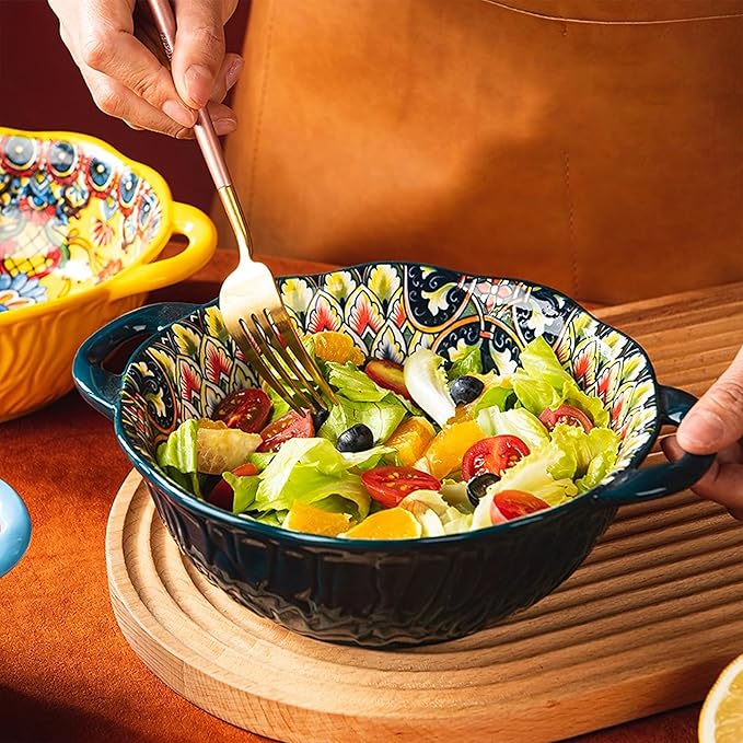 2 Pack Boho Ceramic Serving Bowls with Handles, 40 Oz Porcelain Salad Bowls, Large Serving Dishes for Entertaining, Mixing Bowls for Soup, Stew, Pasta, Cereal, Colorful Embossed Cute Bowls Set HH
