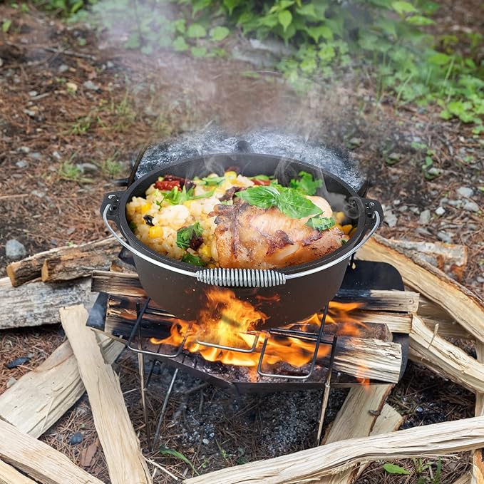 LIFERUN Dutch Oven Pot with Lid, 8 Quart Cast Iron Dutch Oven, without Feet, with Stand & Spiral-shaped Handle, Cast Iron Pot for Outdoor & Indoor