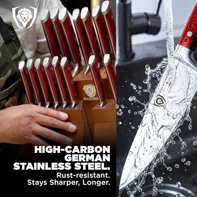 Dalstrong 18-Piece Kitchen Knife Set Block - High Carbon German Steel Full Tang - Acacia Wood Knife Block Set - Red Handles ABS Gladiator Series - Professional NSF Knives set for Kitchen Cuchillos
