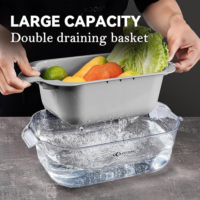KEOUKE Transparent Multifunctional Mandoline Slicer with Large Strainer - 6 Blades Interchangeable, Handheld Vegetable Cutter with Hand Guard for Kitchen, Onion, Garlic, Safe Food Slicer