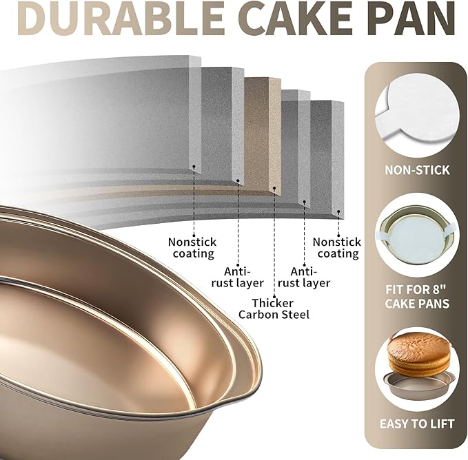 8 Inch Cake Pan, 3PCS Nonstick Round Baking Pans with 50PCS Parchment Papers, Durable Birthday Circle Cake Baking Pan with Handle for Multi-Layer Cakes, Dishwasher Safe