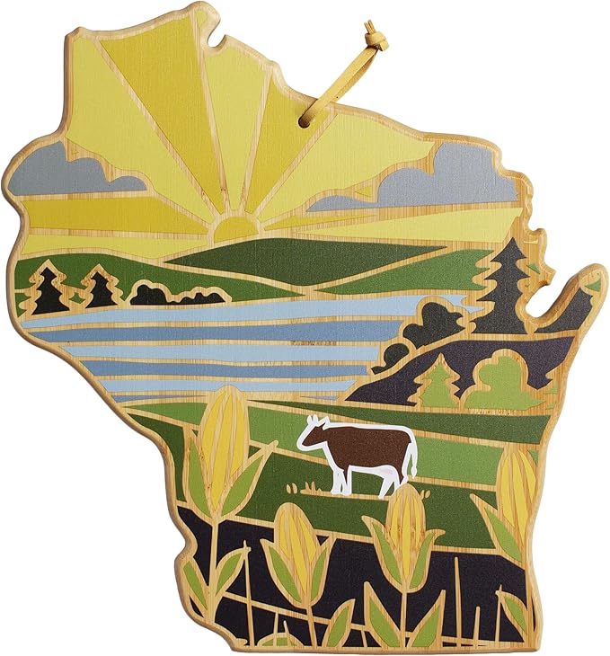 Totally Bamboo Wisconsin State Shaped Cutting Board and Charcuterie Serving Platter with Artwork by Summer Stokes, Includes Hang Tie for Wall Display Varies