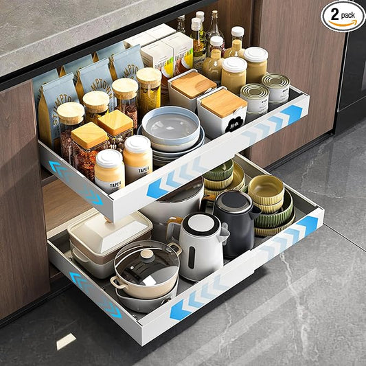 2 Pack Pull Out Cabinet Organizer, Expandable Slide Out Drawers for Kitchen Cabinets Peel and Stick Pullout Drawer Heavy Duty Sliding Shelves for Cupboard, Pantry, Bathroom(16.5" Deep, White)