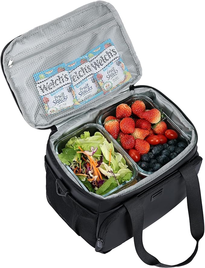 ZEEMO Insulated Lunch Bag for Men Women, Cooler with Adjustable Shoulder Strap, Leakproof Box for Work, Picnic, Large Size, Black