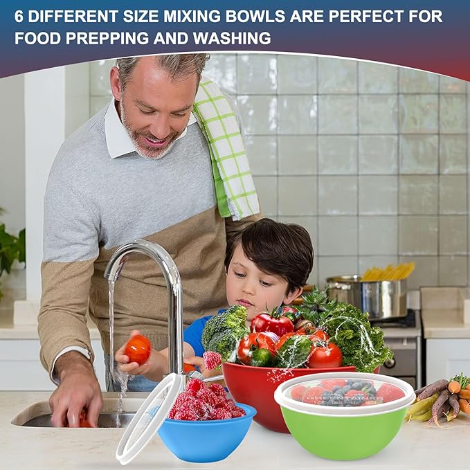 6-Piece Plastic Mixing Bowls Set with Airtight Lids, Nesting Bowls for Space Saving, TPR Sealed & PP5 Leak-Proof Lids, for Baking, Prepping & Serving, Dishwasher Safe (Rose Red)