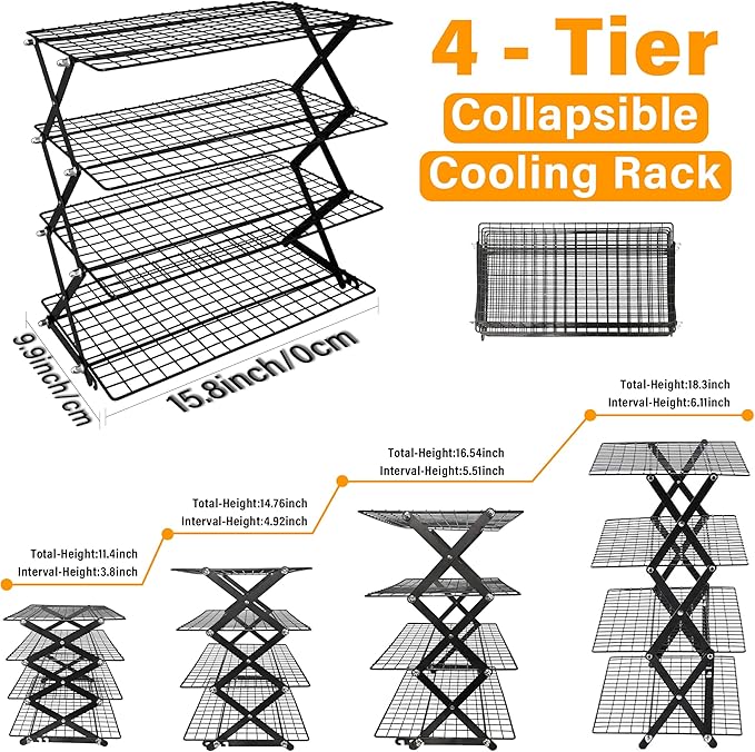 4 Tier Collapsible Cooling Rack, 3 Adjustable Setting Design Wire Baking Rack Stackable Cookies Bread Cooling Racks for Cooking and Baking, Roasting, Drying, Bakers