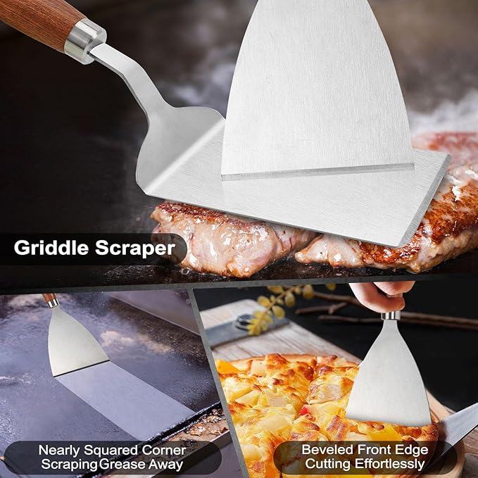 Stainless Steel Spatula Set of 3, Metal Spatulas for Cast Iron Skillet, Heavy Duty Spatulas for Kitchen Use with Wooden Handle, Griddle Grill Spatula Flipper for Pancake, Fish, Smash Burger, Egg