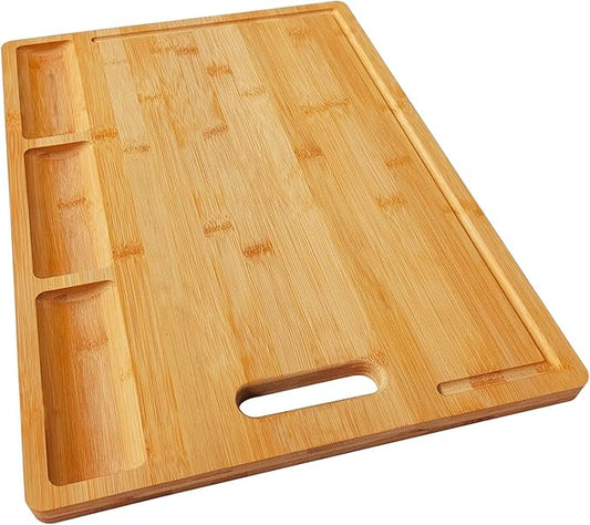HHXRISE Large Bamboo Cutting Board (17 x 12.6 in) - All-in-One Meal Prep Station with 3 Built-in Compartments & Deep Juice Grooves, Reversible Wood Chopping Board for Meat, Veggies & Charcuterie Tray