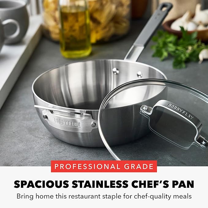 GreenPan x Bobby Flay Stainless Steel 3.75QT Saucepan & Glass Lid, Professional Grade Tri-Ply Chefs Pan, Multiclad, Induction Suitable, Dishwasher & Oven Safe, Stay Cool Silicone Handle,Chip Free Rims