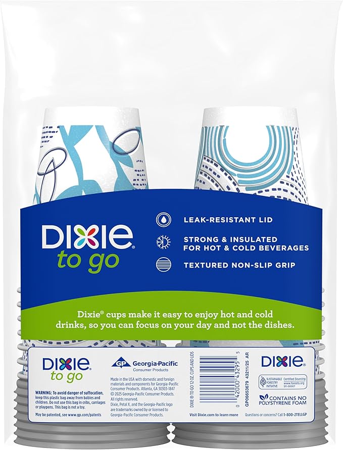 Dixie To Go Paper Coffee Cups With Lids, 12 oz, 14 ct, Disposable Insulated Paper Cups for On-The-Go Hot or Cold Beverages | Medium, With Lids, Disposable Cups, For On-The-Go, Hot Beverages