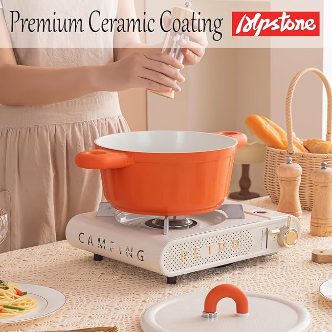 Alpstone 4QT Nonstick Stock Pot with Lid, Ceramic Casserole with Die-cast lid, Non-toxic Kitchen Soup Pot, Family Cooking Pots PFAS and PFOA Free (Orange Color)