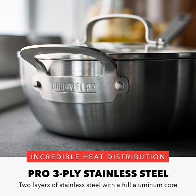 GreenPan x Bobby Flay Stainless Steel 3.75QT Saucepan and 12” Frying Pan Skillet with Glass Lids, Professional Grade Tri Ply, Induction Suitable, Dishwasher & Oven Safe, Stay Cool Silicone Handle