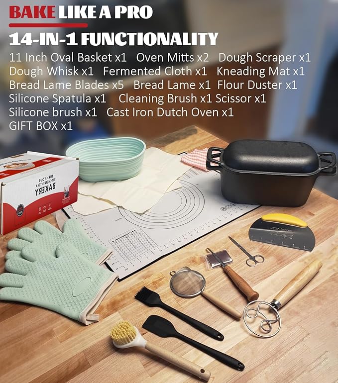 Dutch Oven for Bread Baking-Sourdough Bread Baking Supplies Starter Kit, 11" Oval Bread Proofing Basket 3.6QT Oval Cast Iron Pot Bread Pan with Lid