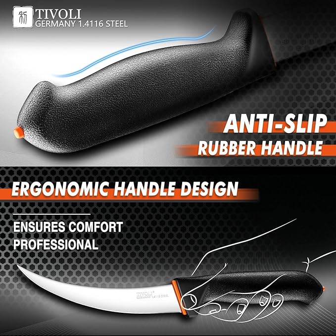 TIVOLI 6 Inch Curved Boning Knife - Butcher Knife with Ergonomic Non-Slip Softgrip & German Stainless Steel Razor Sharp Blade For Meat or Fish Deboning Filleting - Gift for Men Women