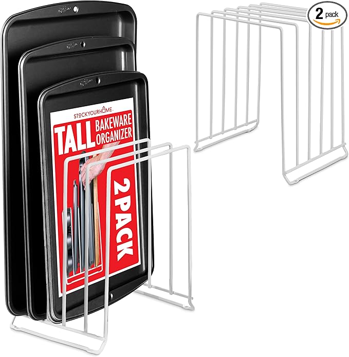 Stock Your Home White (2 Pack) Extra Tall Steel Baking Pan Organizer Rack for Cabinet Storage or Kitchen Counter, Cookie Baking Sheet Organizer with Dividers, Muffin Tin and Cutting Board Holder