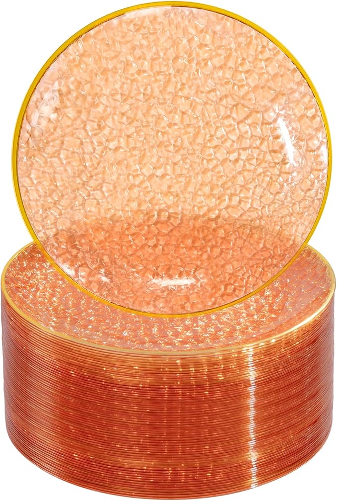 Rubtlamp 100 Pcs Clear Orange Gold Plastic Plates, Hammered Orange Party Plates,Heavy duty Dessert Plates,Disposable Salad/Dessert Platos,Clear Gold Plastic Platos 7 Inch for Party