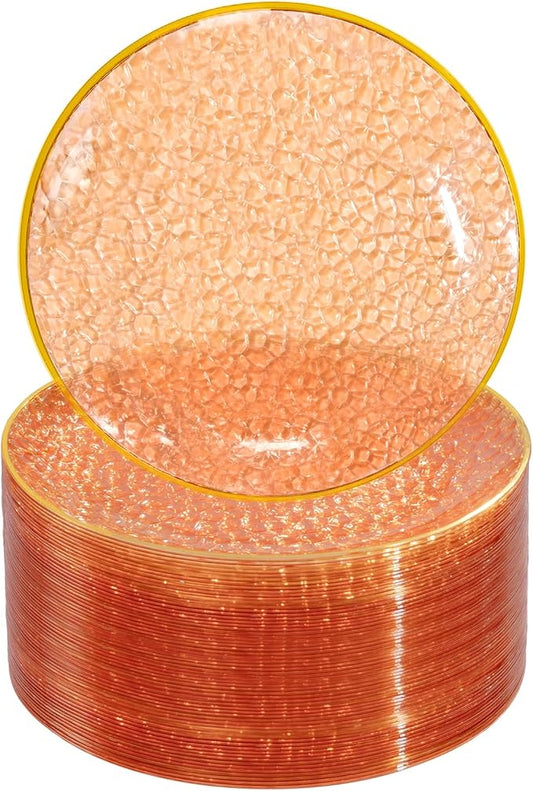 Rubtlamp 100 Pcs Clear Orange Gold Plastic Plates, Hammered Orange Party Plates,Heavy duty Dessert Plates,Disposable Salad/Dessert Platos,Clear Gold Plastic Platos 7 Inch for Party