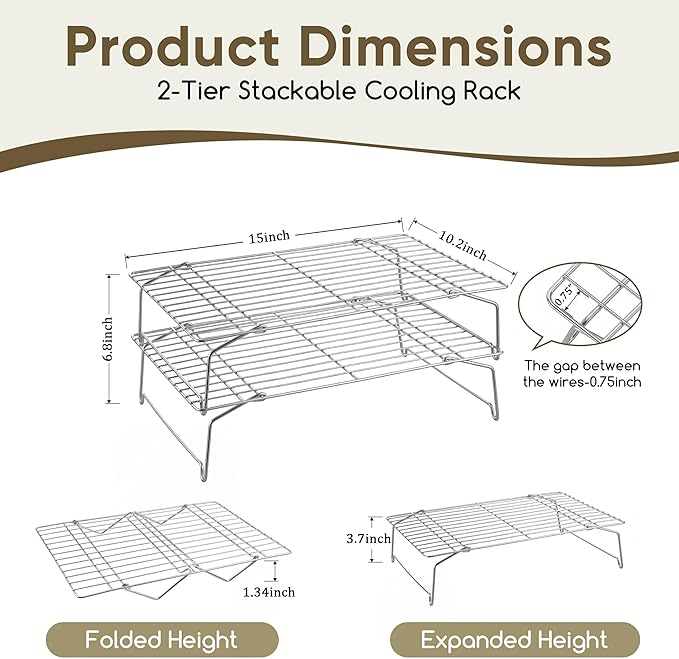 Herogo Cooling Rack, 2-Tier Stainless Steel Baking Rack for Cookies, Cupcakes, and Pastries, Collapsible Space-Saving Design, Dishwasher Safe, Ideal for Baking, Roasting, and Drying