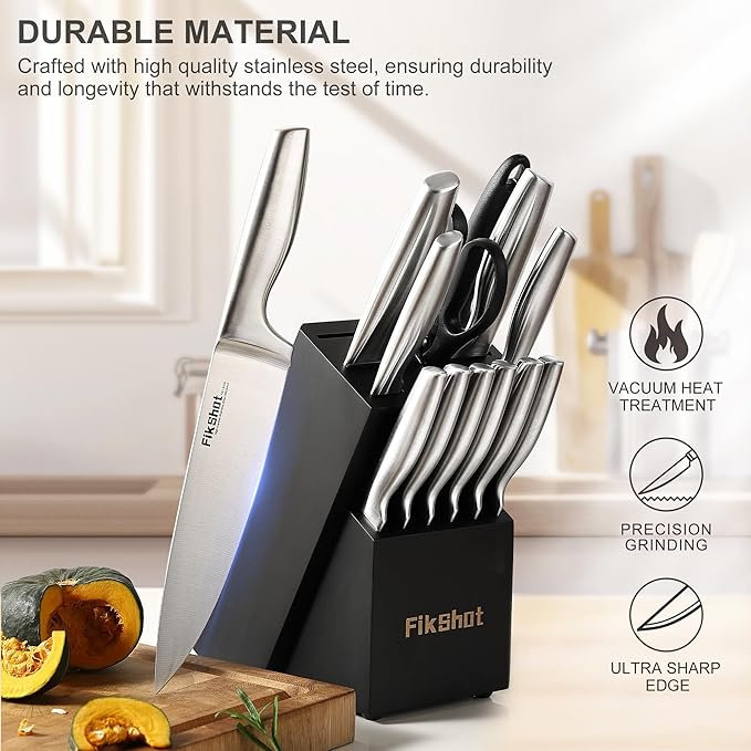 Kitchen Knife Set, Including Knife Block Set and Sharpener - Made of High Carbon Steel, Rust-Resistant, Ergonomic Handle, Suitable for Cooking, Grilling and Gifting
