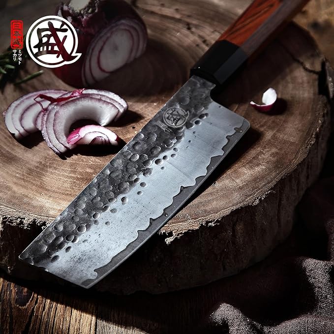 MITSUMOTO SAKARI Japanese Chef's Knife Set 4 Pcs, Professional Hand Forged Kitchen Chef Knife Set, High Carbon Ultra Sharp Cooking Chefs Knife Set (Rosewood Handle & Sandalwood Box)
