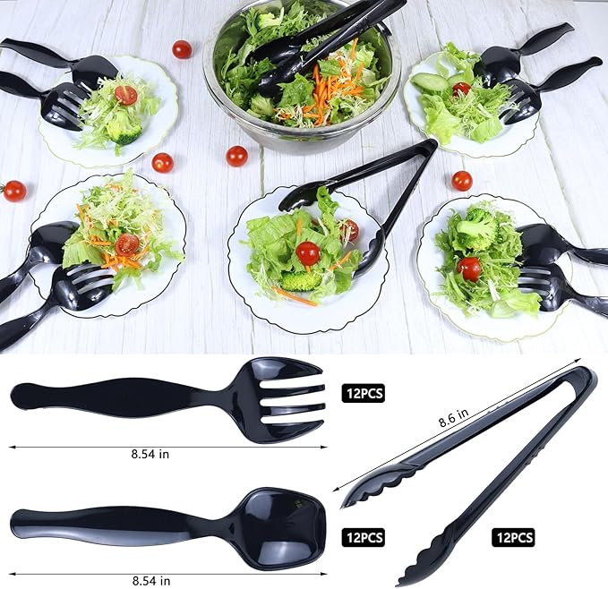 36Pcs Black Plastic Serving Utensils Disposable Serving Spoons Forks Tongs for Party Utensils Supplies for Dinner Parties Buffets Salad Noodles Soup and Weddings (Black)