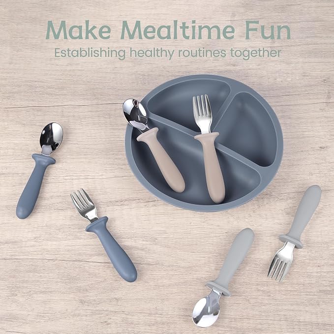 Toddler Forks and Spoons Set, 6 Pack Kids Silverware with Silicone Hand, 18/8 Stainless Steel Children Safe Toddler Utensils, BPA Free, Dishwasher Safe