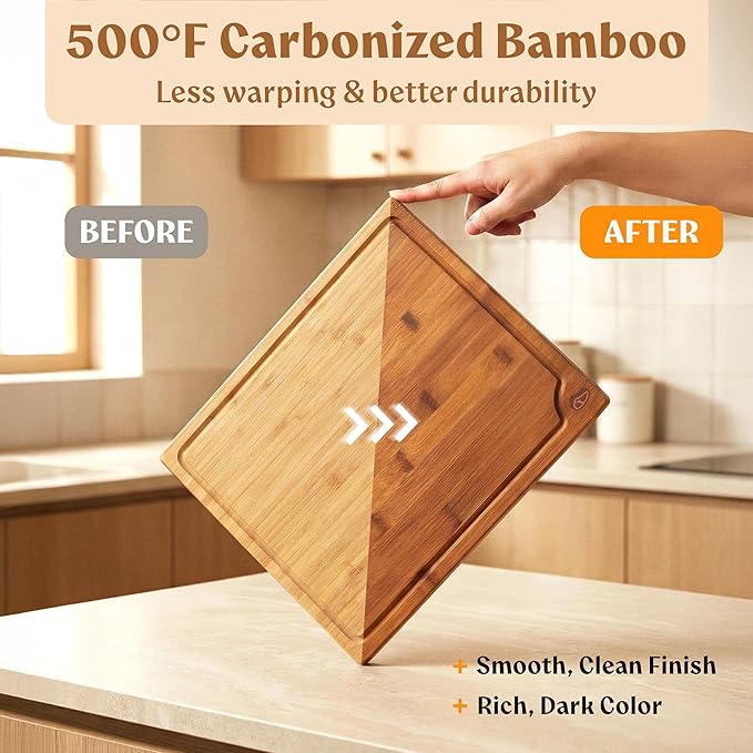 Carbonized Bamboo Cutting Boards – Cutting Board Set of 3 Heat Treated for Rich Color & Lower Moisture Absorption, Chopping Boards with Juice Groove, Non-Toxic, FSC Certified incl. Stand