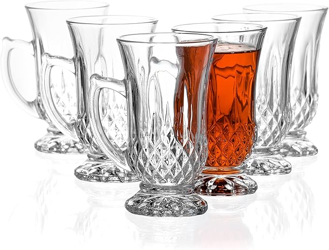 Red Co. 6-Pack Classic Clear Cut Glass 4.5 Oz Footed Turkish Tea Cups with Handles, Etched Design