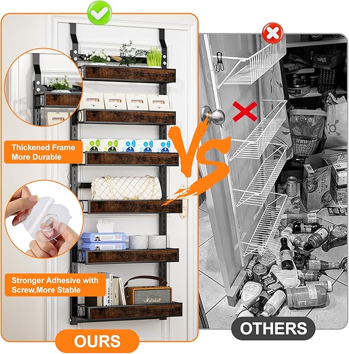 6 Tier Over The Door Pantry Orangizer 2 IN 1 Wall Mounted or Hanging Spice Rack with Adjustable Wood Basket,Heavy Duty Seasoning Storage Shelf for Kitchen Pantry and Bathroom