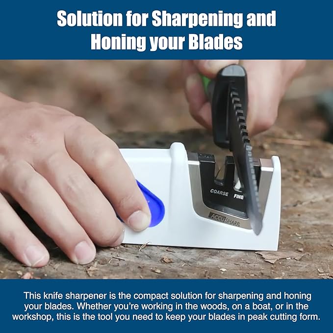 AccuSharp Compact Pull-Through 2-Stage Knife Sharpener, Repairs & Restores Kitchen Knives, Hunting Knives, Straight or Serrated Blades, Diamond-Honed Tungsten Carbide, Fine Ceramic Rods, White/Blue