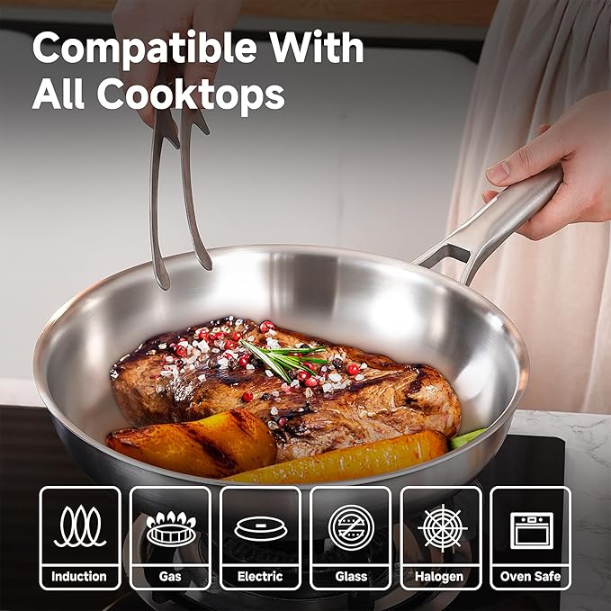 Chef's Frying Pan 12 Inch, Tri-Ply Clad Stainless Steel Skillet, Induction Compatible Sauté Pan with Even Heat for Searing, Oven & Dishwasher Safe, Professional Restaurant Grade Cookware