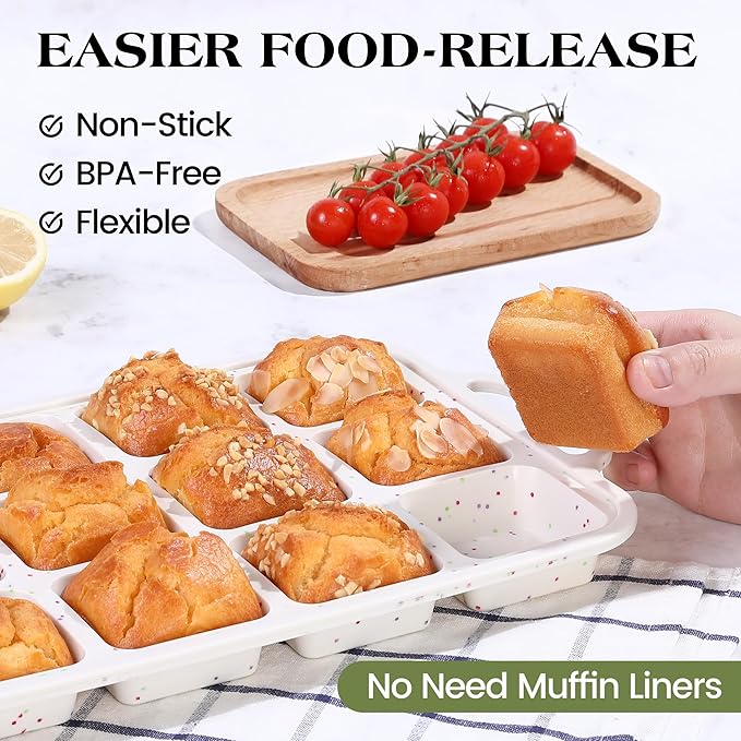 1 Pc Brownie Pan with Dividers Silicone Nonstick Mini Individual 12 Cup Square Muffin Cupcake Pans with Metal Frame(Cream)