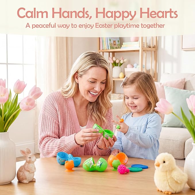 Easter Basket Stuffers, Prefilled Easter Eggs with Quiet Sensory Fidgets, Textured Stone & Suction Toys & Spinner Ring for Kids Calming, Autism Anxiety Tools Classroom Prizes (12 PCS)