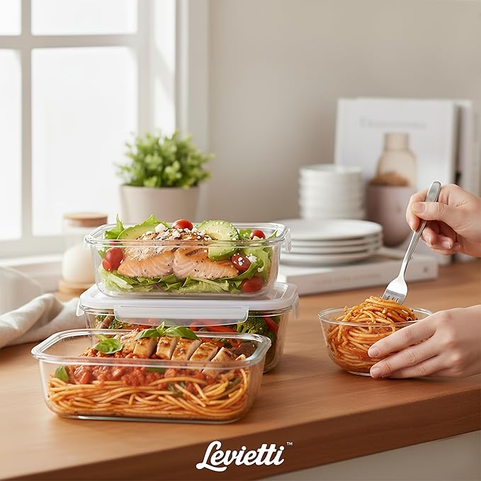 Levietti 2-Pack Borosilicate Glass Containers with Lids 35oz (1040ml) Airtight Leakproof Glass Food Storage for Leak-Free Fresh Meals, Leftovers, BPA-Free Locking Clips - Oven/Microwave/Freezer Safe