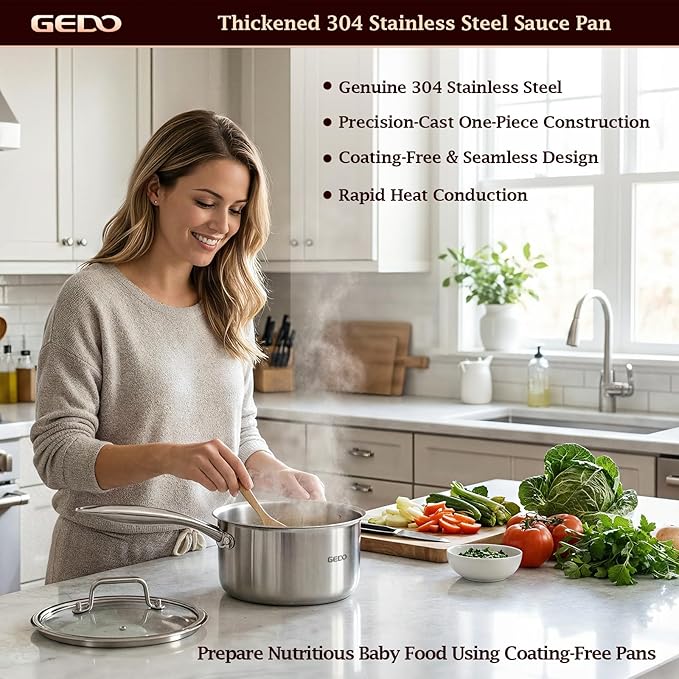 GEDO 3-Ply 304 Stainless Steel Saucepan with Lid, One-Piece Rivet-Free & Seamless Design, Angled Spout & Heat-Resistant Handle, Universal Stovetop Compatible for Indoor Cooking (7 In / 18cm Size)