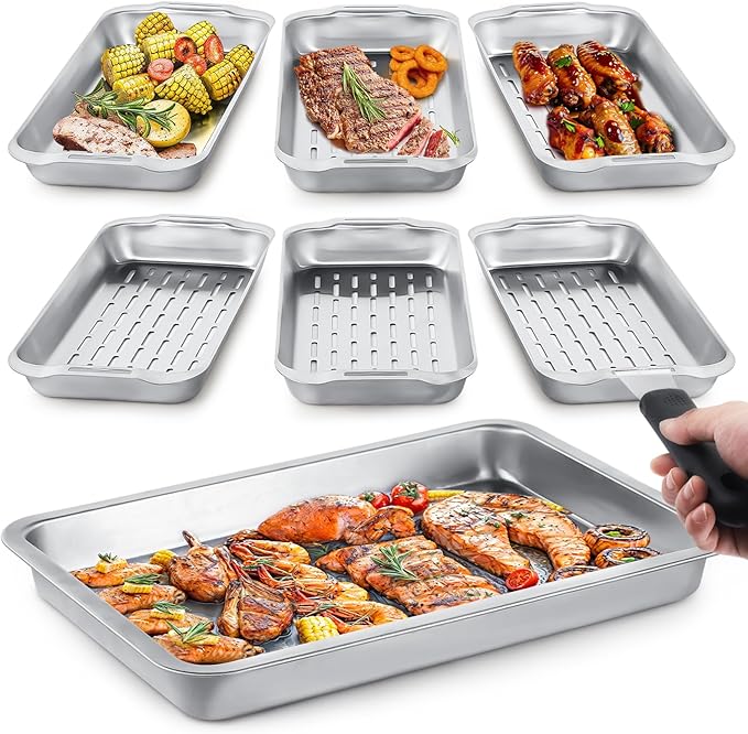 Grill Basket Set, 3-Piece Stainless Steel Grill Topper Pans for Outdoor Grill with BBQ Prep Tray, Grilling Baskets Barbecue Accessories for Vegetables, Fish, Meat, and Seafood