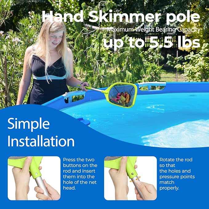 Pool Net Total Length 26.8 inches, Swimming Pool Skimmer Net with Aluminum Pole for Fast Cleaning Ponds, Hot Tub, and Spas, Pool Cleaner Supplies and Accessories