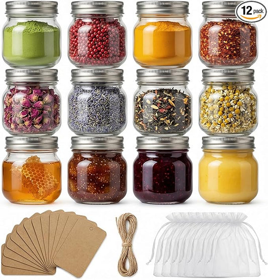 8 oz Mason Jars with Airtight Silver Lids - 12 Pack Small Glass Jars Set with Labels & Twine - Wide Mouth Canning Jars for Yogurt, Pantry Spice Organization, Homemade Jam & Honey