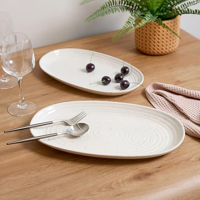 SANGO Siterra 2-Piece Speckled Stoneware Serving Platter Set for Easter - Large & Medium Ceramic Platters with Glossy Rustic Glaze, White Serving Dishes for Entertaining, Microwave and Dishwasher Safe