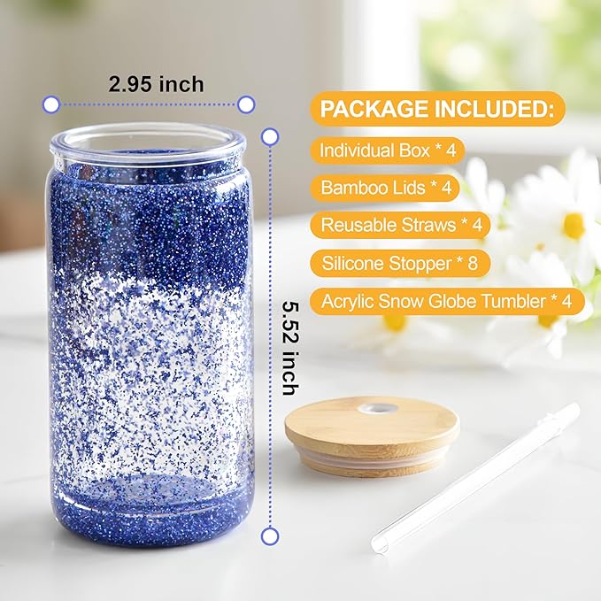 4 Pack Acrylic Snow Globe Tumbler with Bamboo Lids and Straws 16 oz Plastic Snowglobe Tumbler with Pre Drilled Hole Clear Double Wall Snowglobe Cups for Snow Globe Glitter DIY