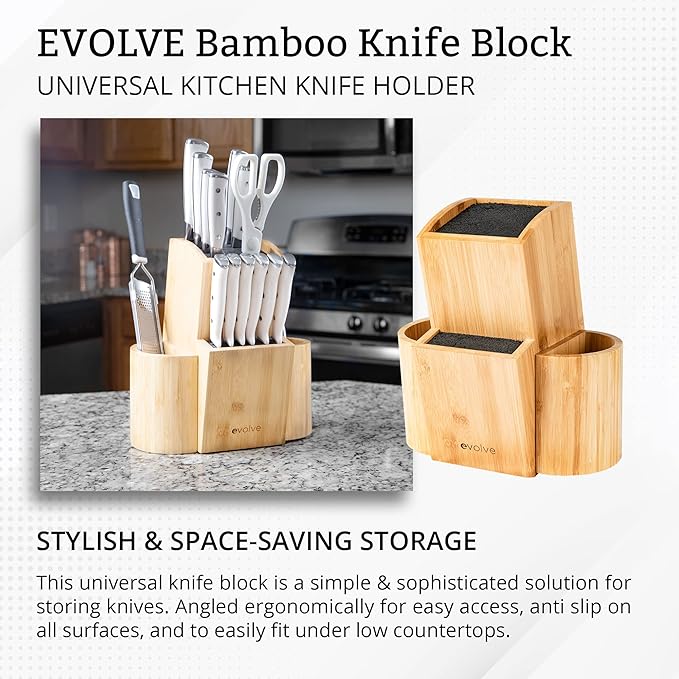 EVOLVE Bamboo Knife Block - Universal Kitchen Knife Holder - Safe & Space Saver Knife Storage that Covers Knife Blades Up To 9” & Holds Up To 20 Knives with Machine Washable & BPA Free Flex Rods.