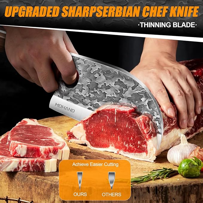 MDHAND Butcher Knife Set, 14PCS Hand Forged Butcher Chef Knife Set with Roll Bag, Heavy Duty Meat Cleaver, Fillet Knives, Meat Cutting Knife for Home Kitchen & Camping BBQ, Gifts for Men Women