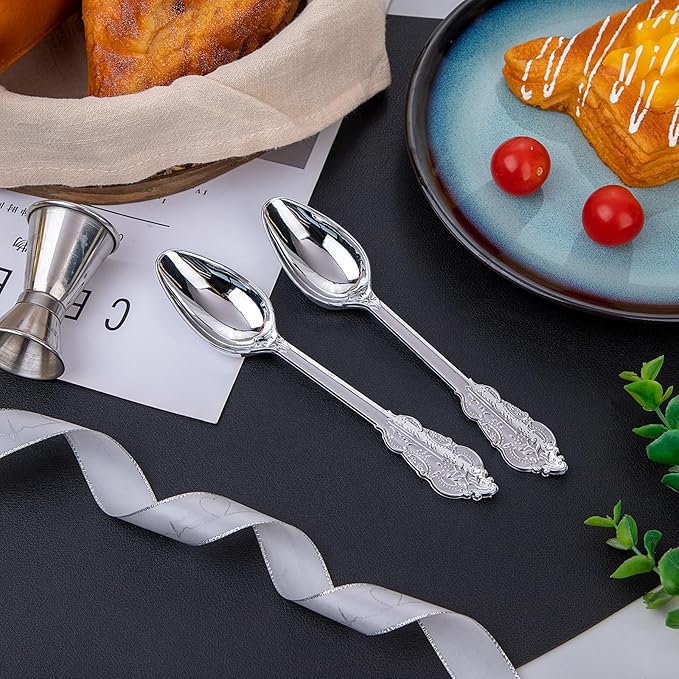 WDF 100 Piece Silver Plastic Spoons Disposable - 6.93 Inch Baroque Silver Silverware for Dessert Cake - Heavy Duty Plastic Spoons for Party Wedding Daily Using Baby Shower Spring