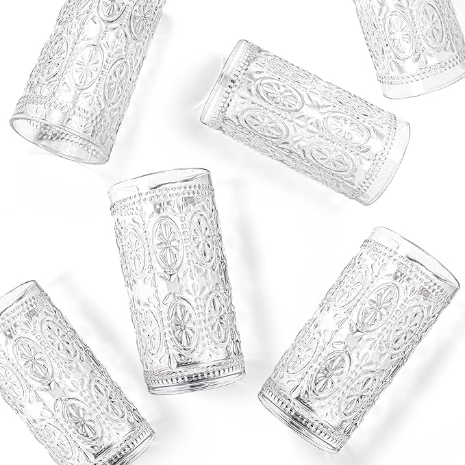 Bekith 6 Pack Romantic Drinking Glasses, 12 oz Highball Glasses, Thick Water Glasses, Tall Glass Cups for Beverages, Beer, Cocktail, Vintage Glassware Set for Dinner Parties, Bars, Restaurants