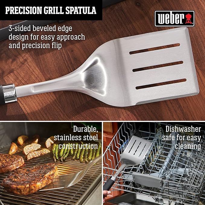 Weber Precision Grill Spatula, Silver – Stainless Steel BBQ Spatula with 3‑Sided Beveled Edge, Non‑Slip Soft‑Touch Handle, Hanging Loop, Dishwasher Safe