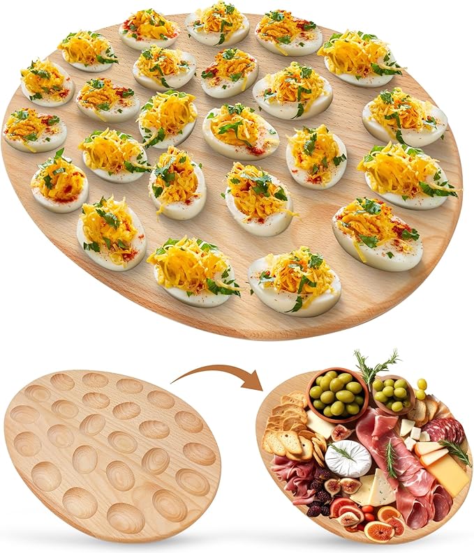 Namre' Deviled Egg Tray Wooden Holder for 24 Eggs – Reversible Oval Platter & Charcuterie Board, Easter Deviled Egg Carrier Serving Tray with Recipes, Holiday Entertaining