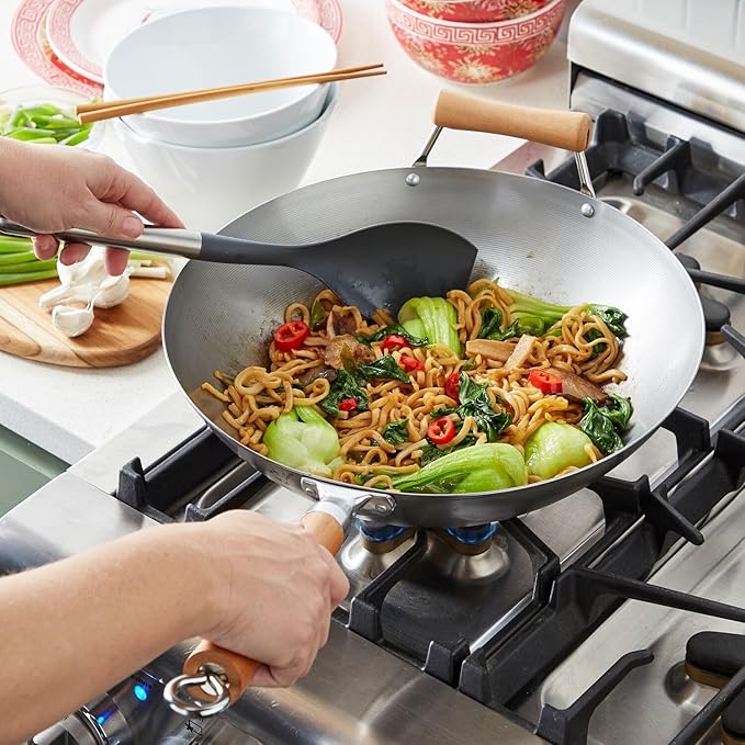 Sur La Table 14" Carbon-Steel Wok, Flat Bottom Pan for High-Heat Cooking – Ideal for Deep-Frying, Steaming, and Stir-Frying– Lightweight, Fast Heating