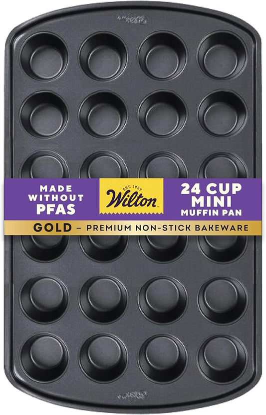 Wilton Gold Non-Stick 24-cup Muffin Pan, Cold-Rolled Steel Bakeware, Made without PFAs, 16 x 10 x 1 in., Packaging may Vary