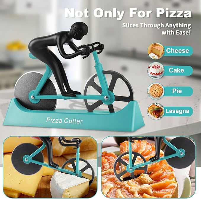 Bike Pizza Cutter,Bicycle Pizza Slicer,Stainless Steel Pizza Cutter Wheels with Stand,Unique Kitchen Gadget,Gifts for Cyclists Men,Cool Men’s Gift