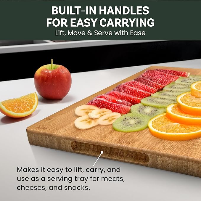 Bamboo Cutting Board for Kitchen - 18" Extra Large Wooden Cutting Board, Heavy Duty Chopping Board with Side Handles, Deep Juice Groove, Reversible Charcuterie & Cheese Board for Meat and Serving